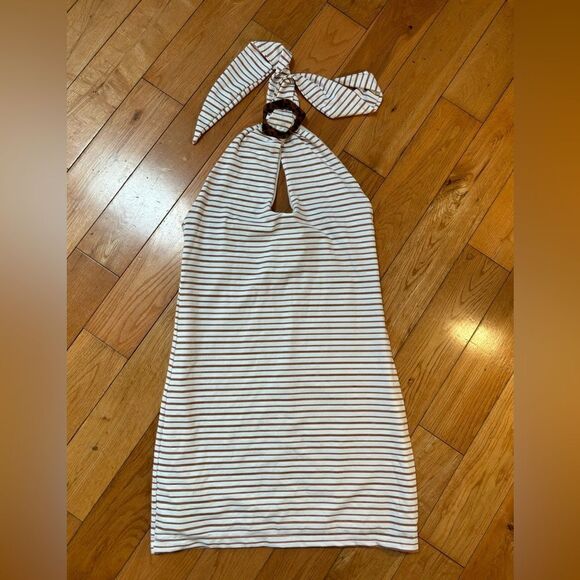 Tularosa NWT white/rose gold striped halter stretch mini dress Size medium - Picture 1 of 7